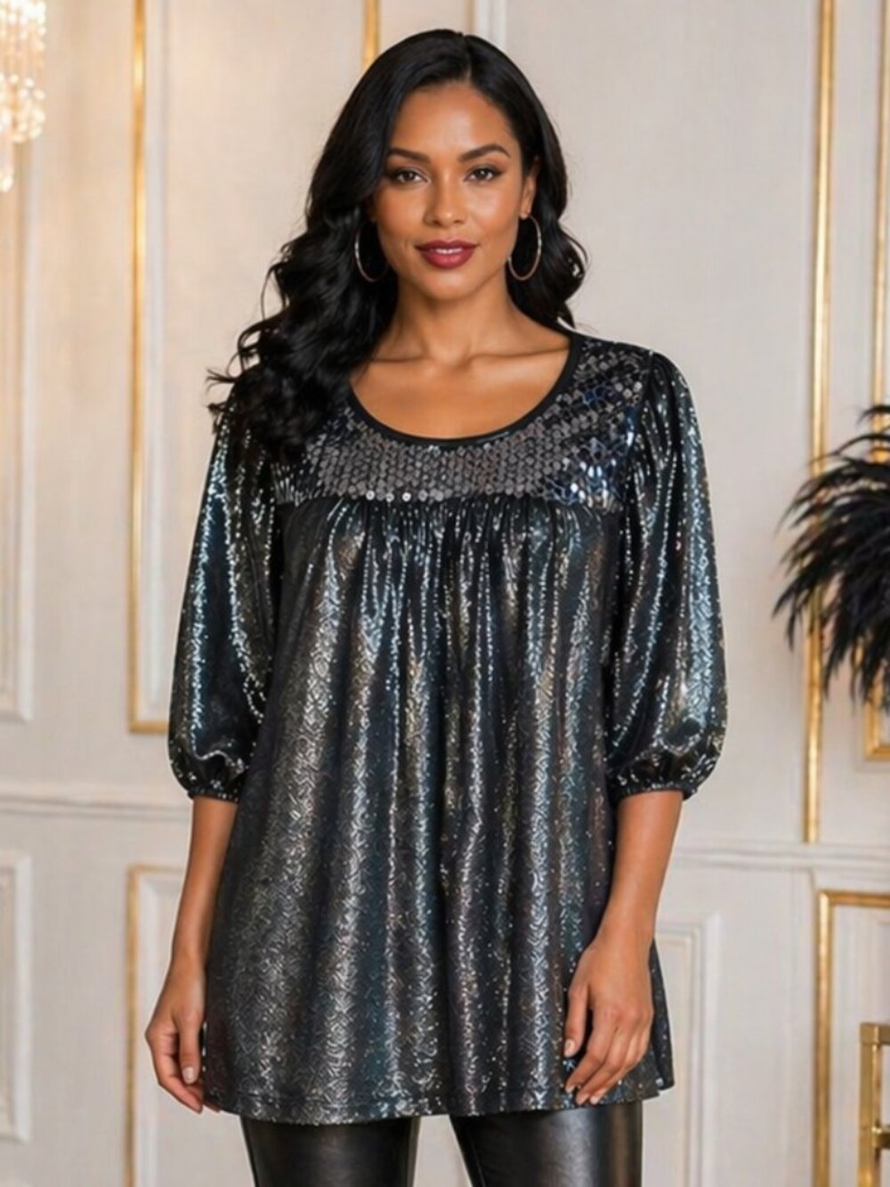 John Paul Richard Silver Sparkle Sequin Blouse Size Medium Dressy Chic Flowy